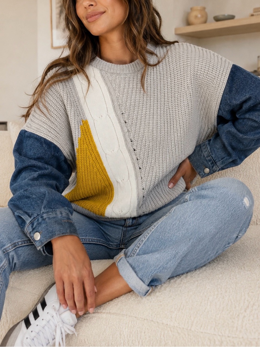 Colorblock Cable Knit Crewneck Sweater - Gray with Mustard & Denim Sleeve
